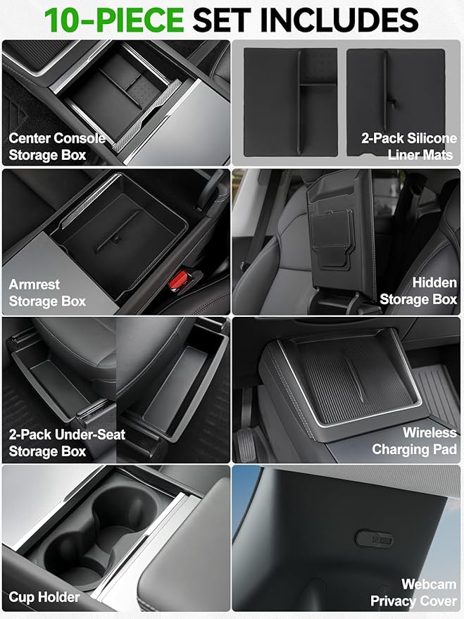 10PCS Center Console Organizer Tray for 2025 2026 Tesla Model Y Juniper Accessories, Under Seat Storage Armrest Hidden Storage Box Cup Holder Charger Pad for Tesla ModelY Juniper (Not fit Standard)