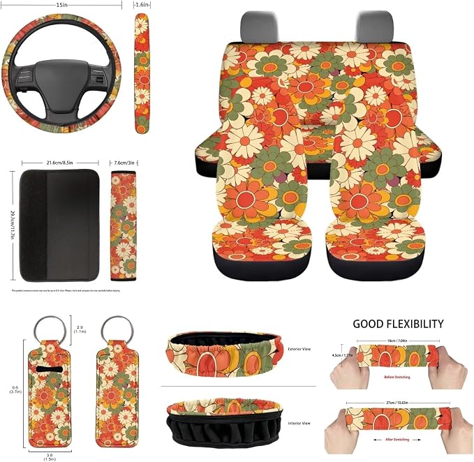14 Pcs Beauty Hippie Floral Car Seat Cover Sets for Women Orange Boho Groovy Flower Auto Steering Wheel Cover+Seatbelt +Daisy Coasters+Keychains,Retro 70S Aesthetic Car Mirror Interior Cover