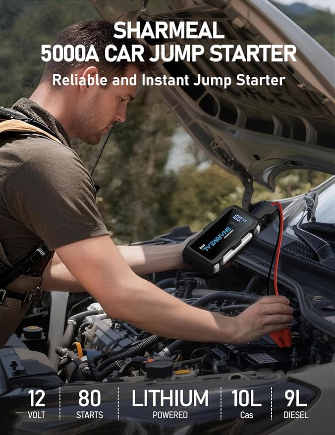 Jump Starter 5000A, 12V Car Battery Jump Starter with USB Quick Charge (Up to 10.0L Gas or 9.0L Diesel Engine), Battery Booster with 3 Modes Flashlight and Jumper Cable