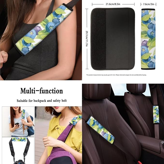 13 Pack Blue Berry Car Seat Covers, Summer Fruit Durable Polyester Seat Covers, Watercolor Blueberries Automotive Seat Belt Cover Interior Accessories