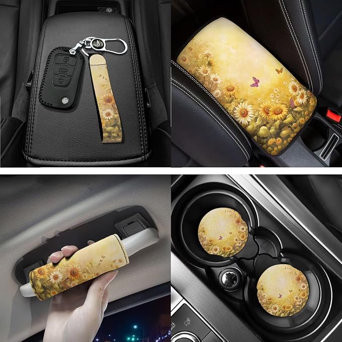 18 PCS Butterfly Sunflower Car Interior Accessories Set for Women, Car Seat Covers with Steering Wheel Cover Floor Mats Armrest Pad Seat Belt Pads Roof Handle Wraps Cup Coaster Keychain