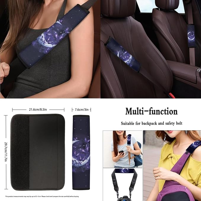 POLERO Moon Butterfly Car Accessories Car Seat Protector for Women Floral Steering Wheel Cover Seatbelt Covers Cup Holder Coasters Aesthetic Full Set 11pcs