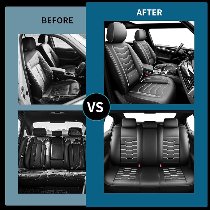 Fit Explorer Car Seat Covers Premium Leather for Ford Explorer 2004-2025 2026. Waterproof， Anti-Slip, Scratch-Resistant & All-Weather Seat Cushion Protector (Full Set, White Line Black)