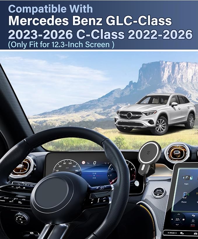 PZK Car Phone Holder for 2023-2025 2026 Mercedes Benz GLC / 2022-2025 2026 C-Class Accessories 12.3-Inch Fixed Clip, Car Phone Mount Magnetic 15W Fast Wireless Charger Automobile Cradles 360° Rotation