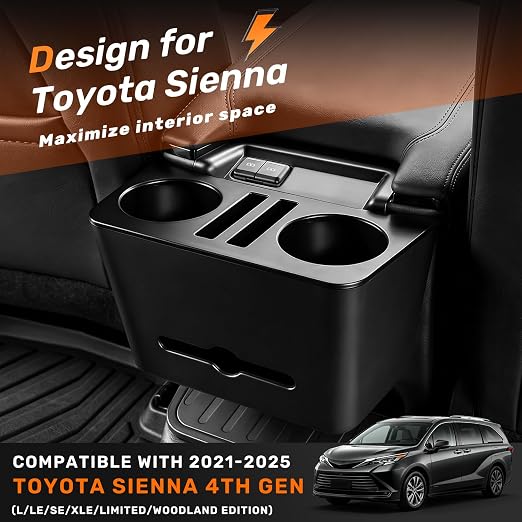 Cup Holder Paper Drawer Storage Box for 2021-2025 Toyota Sienna LE/XSE/XLE/Limited/Woodland Center Console Rear Garbage Can w/Lid Vehicle Interior Storage Organizer Interior Accessories Black