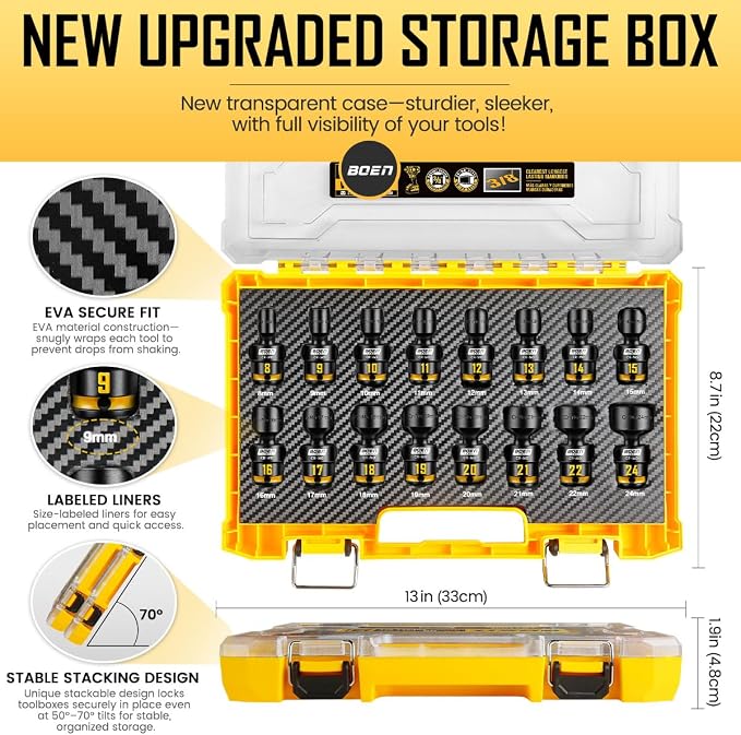 BOEN Pro 3/8 Inch Drive Impact Swivel Socket set, 16-Pieces 8-24mm, 6-Point Shallow Metric Universal Wobbly Sockets With Painted Marking, Cr-Mo, Include PP Case, Fit Into Tight and Narrow Spaces