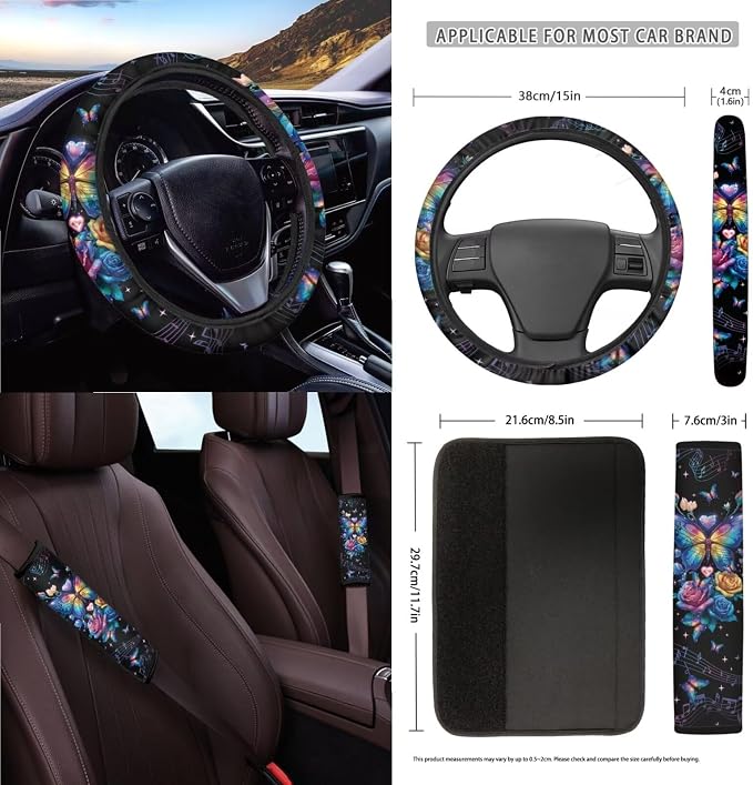 Butterfly Rose Car Seat Covers 15Pcs Full Set Car Steering Wheel Cover Seat Belt Cover Trash Bin Air Vent Storage Box Rear View Mirror Car Cup Holder Keychain Music Notes Print