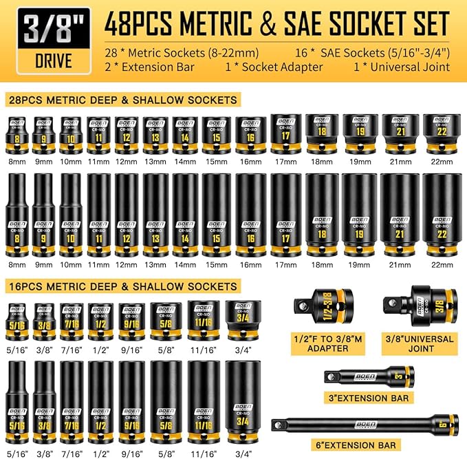 boen 3/8" Drive Impact Socket Set, 48-Piece Metric & SAE Size (8-22mm & 5/16"-3/4"), 6-Point Deep & Shallow Socket Set with Extension Bars, Adapter and Universal Joint, CR-MO Steel