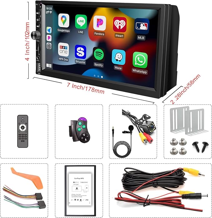 Wireless Double Din Car Stereo Works with Apple Carplay,7 Inch HD 1024 * 600 Touchscreen with Bluetooth 5.1,FM Car Radio,GPS Navigation,Backup Camera,Android Auto,Voice Control,USB/AUX/TF/SWC