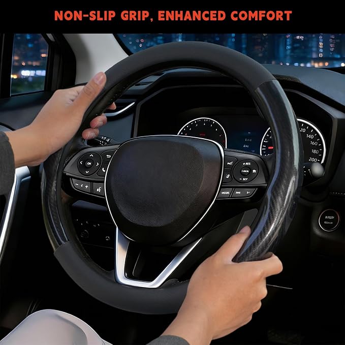 Steering Wheel Cover for Toyota Camry, Tacoma, RAV4, Corolla, Highlander, Sienna, Avalon, Prius, Standard Size 14.5-15" (Glossy Carbon Fiber)