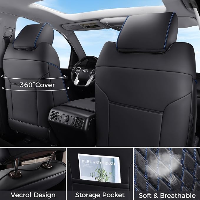 Huidasource Seat Covers for Dodge Ram 2019-2025 RAM 1500 2500 3500 Crew/Mega Cab, Waterproof Ram Leather Seat Covers Full Set, Front & Rear Ram Truck Seat Cushion Covers (Full Set/Black&Blue)