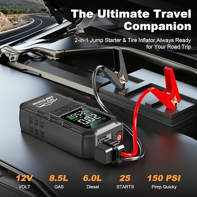 10-in-1 Car Battery Jump Starter with Air Compressor 12000A 160PSI Portable Car Jumper Starter (All Gas 12L Diesel), 12V Jump Box Car Battery Jump Starter Portable Jumper Cables, Lights (12000A)