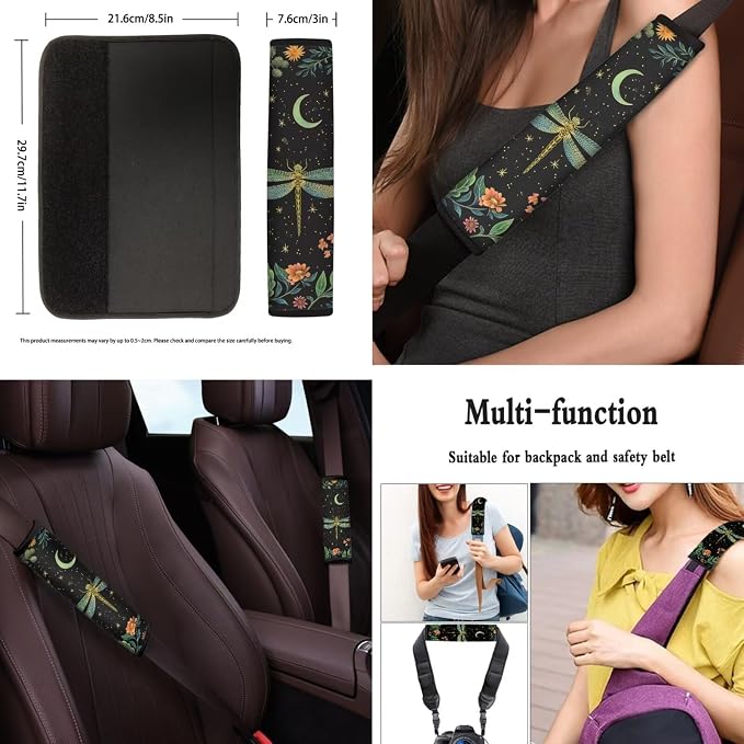 POLERO Starry Night Dragonfly Car Seat Covers for Women Aesthetic Car Interior Accessories Floral Auto Steering Wheel Cover Set 11Pcs