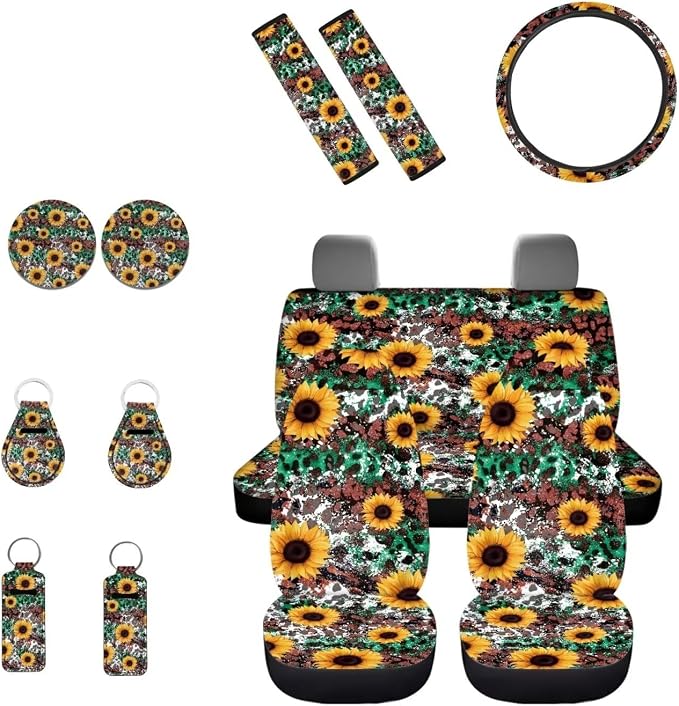 INSTANTARTS Sunflower Car Seat Cover Set - Leopard Print 13 Piece Accessories With Seat Belt, Steering Wheel, Key Fob, Lipstick Covers, Coaster - Washable Protective