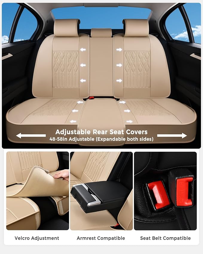 Huidasource Car Seat Covers Full Set, Leather Seat Cover Universal Fit for Most Cars Sedans SUVs Trucks, Airbag Compatible, Cup Holder Access, Easy Install, Wipes Clean, Wear-Resistant, Beige