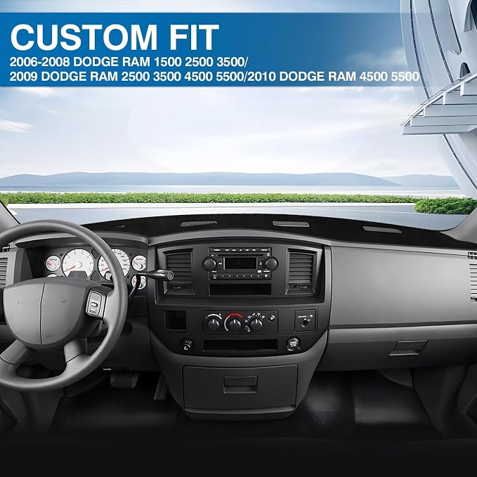 KUST Black Dash Cover for 2006-2008 Dodge Ram 1500 2500 3500/2009 Dodge Ram 2500 3500 4500 5500/2010 Dodge Ram 4500 5500 Polyester Dashboard Cover Non-Slip Interior Accessories for Dodge Ram No Glare