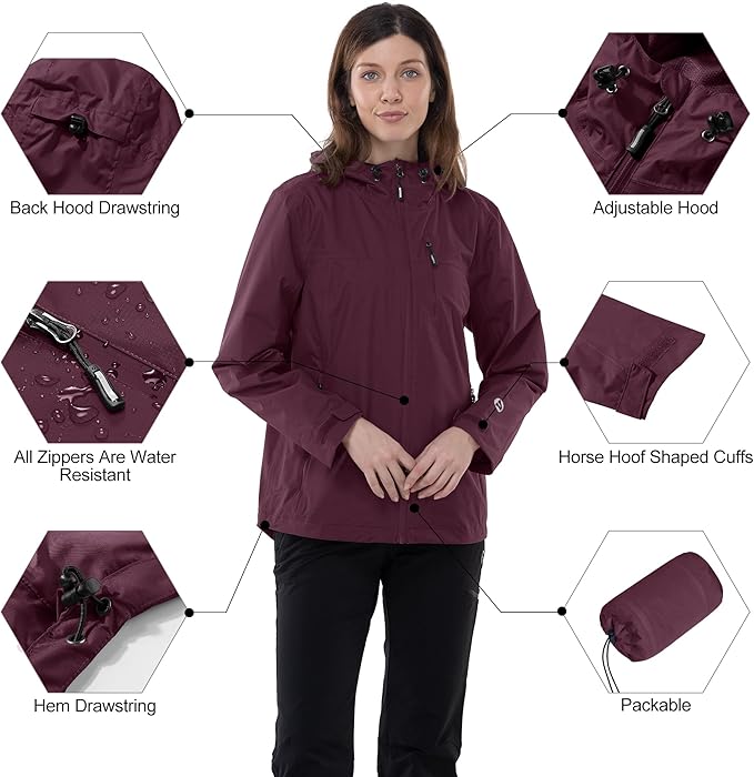 Outdoor Ventures Packable Rain Jacket Women Lightweight Waterproof Raincoat with Hood Cycling Bike Jacket