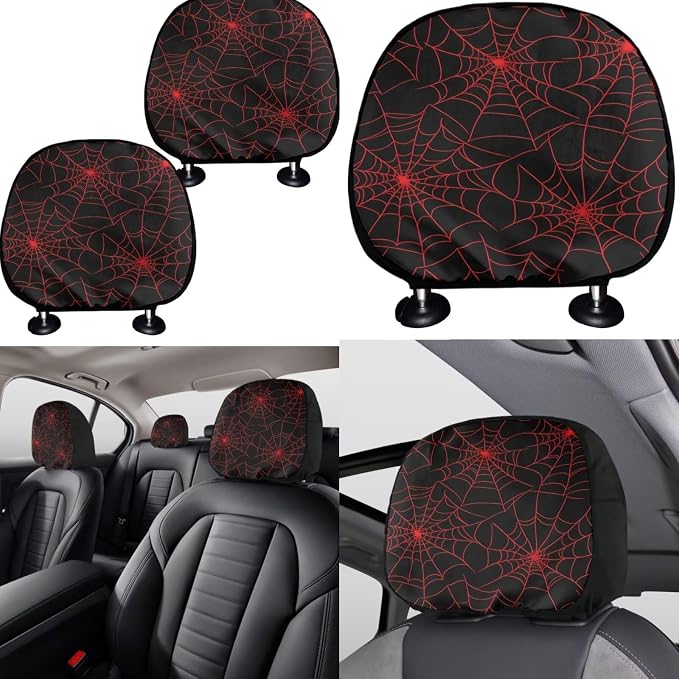 KEIAHUAN Red Spider Web Car Seat Cover Set 11 Pieces Full Set with Car Shift Gear Stick Hand Brake Cover Steering Wheel Cover Headrest Cover Coaster Pad Halloween Decoration