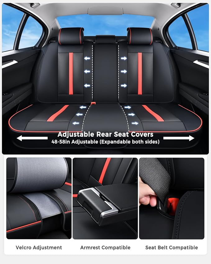 Huidasource Rear seat Cover Luxury Nappa Leather, Back seat Cover with Velcro Adjustable, Ventilation Holes, Seat Belts, Child Seats, Car Cover Seat Universal Fit for Most Cars SUV Trucks, Black＆Red