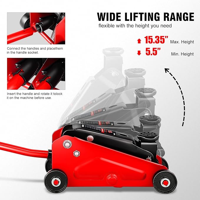 DNA Motoring Low Profile Hydraulic Trolley Service/Floor Jack, 1.5 Ton (3000 lbs) Capacity, Lifting Range 5.5"-15.35",Red, TOOLS-00675-RD
