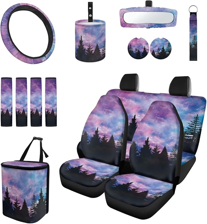 Purple Mountain Galaxy 15 PCS Car Seat Cover Set with Auto Steering Wheel Cover Seat Belt Strap Protector Cup Holder Trash Bag Rear View Mirror Protector Keychain