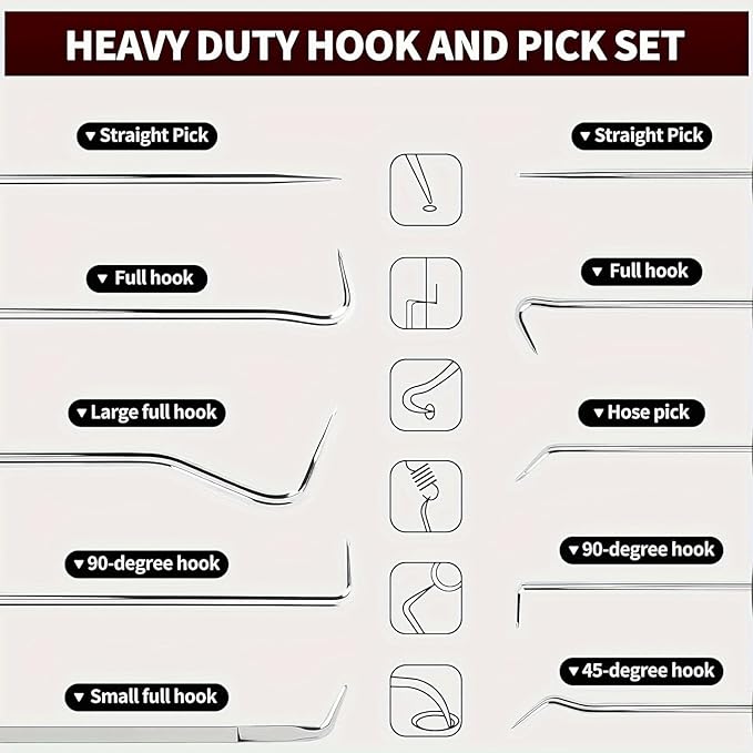 Professional 10-Piece Automotive Hook and Pick Set for Oil Seal, O-Ring, Gasket Removal - Car Repair Tool Kit for Mechanics, Auto Body Dent Puller, Engine Repair & Maintenance (Red)