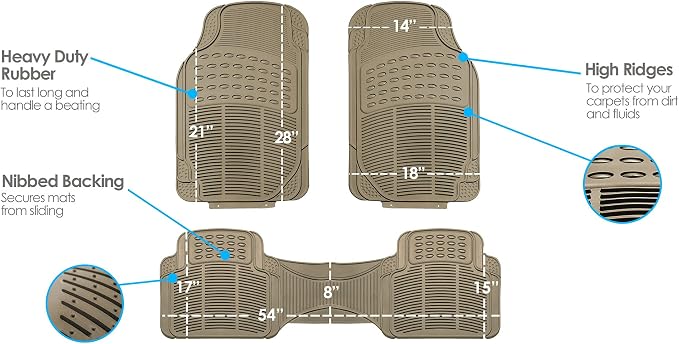 FH Group Trimmable Non-Slip Rubber Floor Mats 3 Row Set - Universal Fit for Cars Trucks and SUVs (Beige) F11305 + F16400