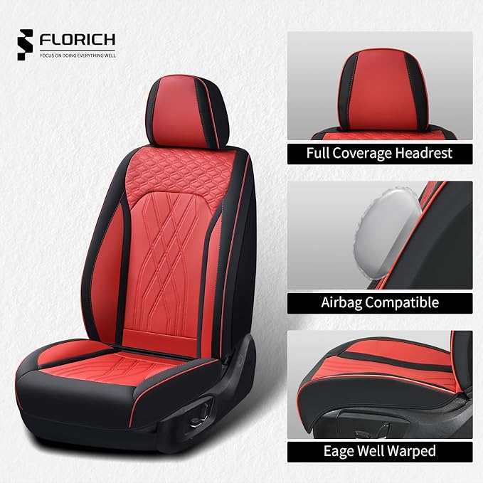 FLORICH Leather Front Seat Covers Red Car Seat Cover Breathable Waterproof Seat Cover for Cars Automotive Seat Covers 2 Front Seats Protector Universal Fit for Most Car Truck SUV, Black&Red