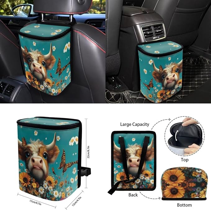 15 Pcs Floral Butterfly Cattle Auto Interior Accessories Car Seat Covers with Auto Steering Wheel Cover Seat Belt Covers Car Trash Can View Mirror Cover Coaster Keychains