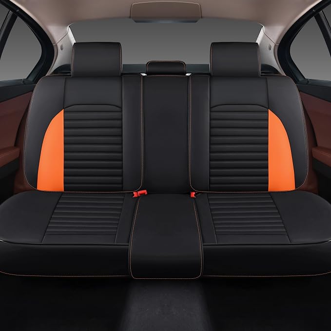 BGYFDU03 Seat Cover 5-Seater Full Set, Universal Type, Suitable for Most Cars Pickup Ttrucks Airbags Compatible with Synthetic Leather Car Seat Cushion Protectors (Black-Orange)