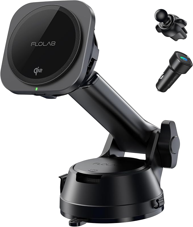 FLOLAB Qi2 15W Wireless Car Charger for iPhone 16/15/14/13/12, Magnetic Vent/Foldable Dashboard/Windshell Mount Car Phone Holder, Fast Charging with Cooling