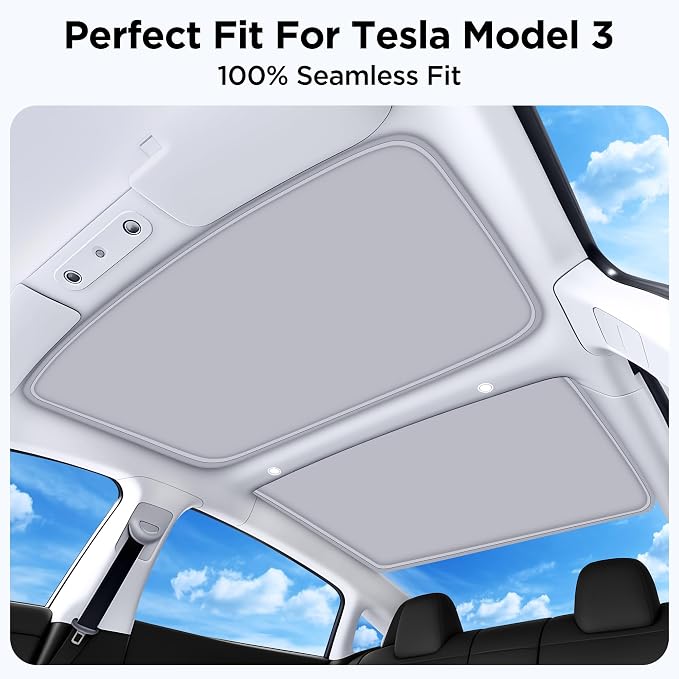 2026 Upgraded for Tesla Model 3 Accessories Sunshade Roof [No Sag, Ice-Crystal Cooling Coatings] Heat Insulation Glass Roof Sun Shade for Tesla Model 3 Accessories 2022-2026 Beige