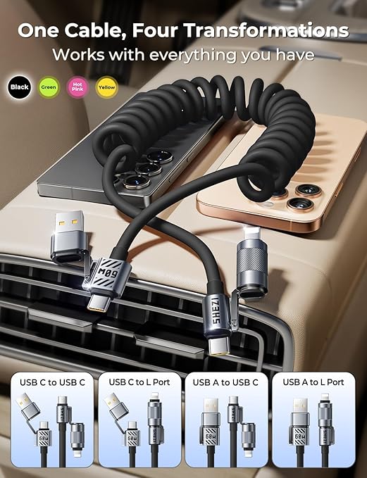 Coiled Black Cable 4-in-1 USB C Cable 60W Compatible with Lightning Cable Fast Charging & Data Transfer, Support to CarPlay & Android Auto, 5FT Multi Cord Combo Charger for iPhone/iPad