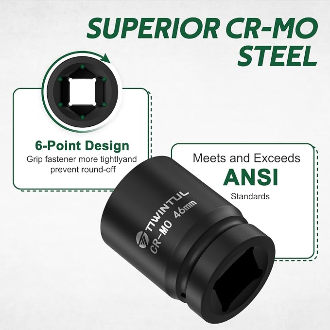 46mm Impact Socket 1-Inch Drive, 6 Point Design,CR-MO Heavy Duty Metric Socket for High Torque Impact Wrench, Large Socket for Semi Truck Axle Nuts, Diesel Mechanic & Heavy Equipment