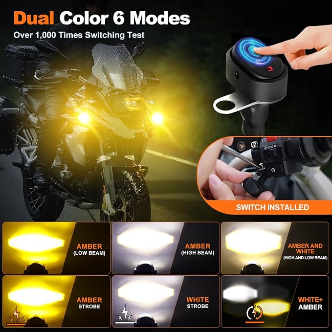 Motorcycle Driving Lights Kit,LEDMIRCY LED Luces Exploradoras Para Moto with Switch Wiring Harness Auxiliary Spot Light 6Modes White/Amber Strobe Offroad Fog Light with Memory Function IP68 Waterproof