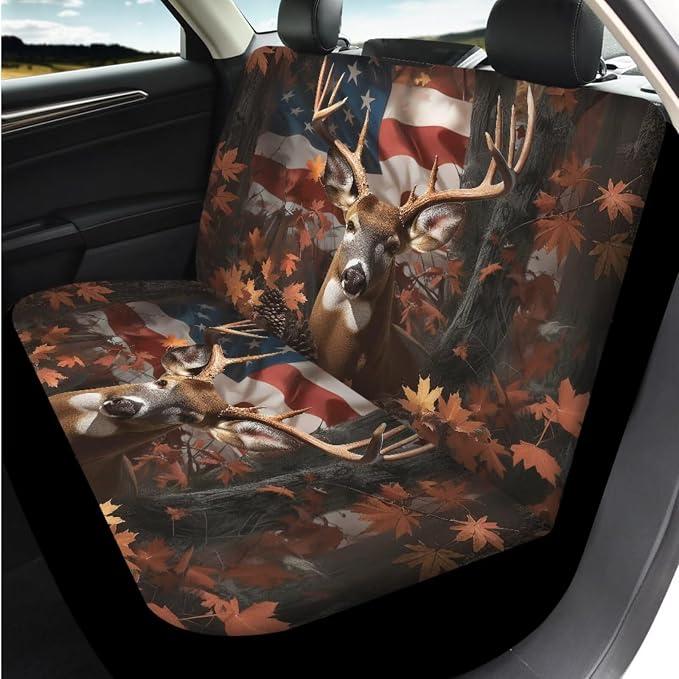 Bulopur Deer Hunting Camo Auto Seat Covers Full Set with Car Armrest Pad Seat Belt Covers Keychain American Flag Automotive Interior Decor Set for Truck SUV Van 14 Pack