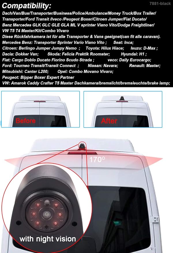 Car Brake lamp Camera for Viano Vito Transit Ducato VW Crafter T5 Master