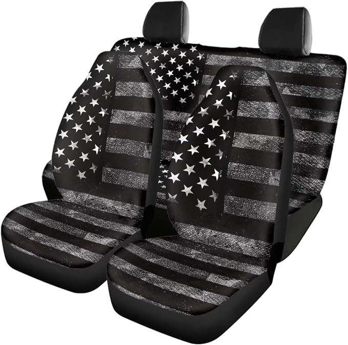 Gray American Flag Car Seat Covers Full Set Floor Mats Steering Wheel Cover Shoulder Pads Armrest Pad Roof Gloves Cup Coaster Keychain Automtovie Interior Accessories Set of 18