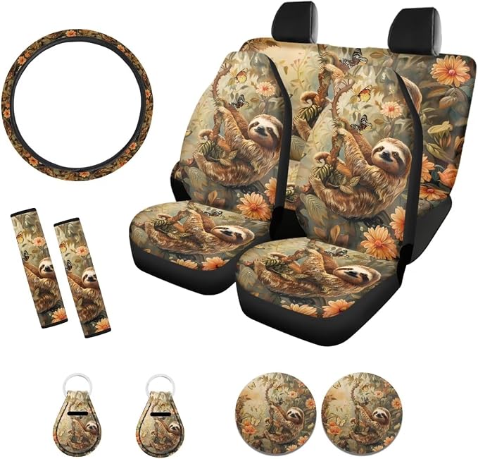 Suobstales Cute Sloth Print Car Seat Cover for Women Full Set SUV Interior Accessories Front/Back Bench Bucket Seat Cover,Steering Wheel Cover,Seat Belt Cover,Cup Holder Coasters,Keychain