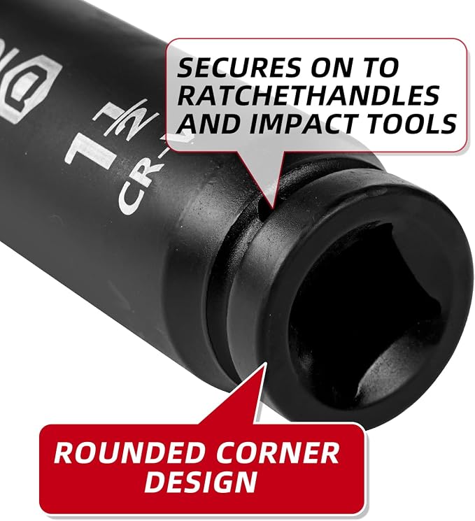 1'' Drive 1-1/2'' Extra Deep Impact Socket, 8'' (200mm) Long, 6-Point Truck & Trailer & Tractor Wheel Nut Impact Socket, Heat Treated CR-V Alloy Steel, One-Piece Forged, Radius corner design