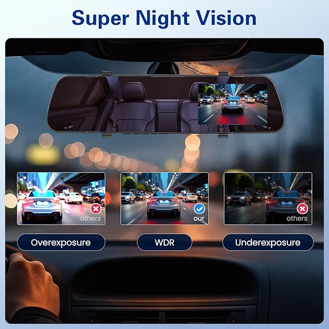 1080P Dual Lens Rear View Mirror Camera, 4 Inch Touchscreen Mirror Dash Cam Front and Rear, Exposure Adjustment/Loop Recording/Motion Detection/Parking Assistance + Backup Camera