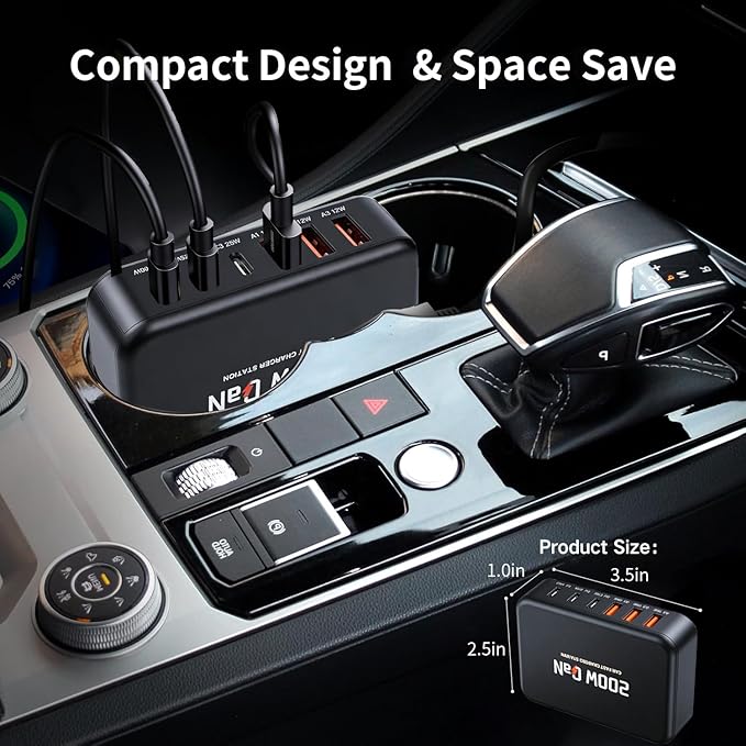 200W 6-Ports Fast USB C Car Charger，PD Type C Laptop Car Charger Power Adapter for MacBook pro/Air,Dell XPS 15/17,Lenovo/HP Laptop,QC3.0/PPS Car Charger for iPhone 17/16/15, Galaxy S26 Ultra/S25,ect