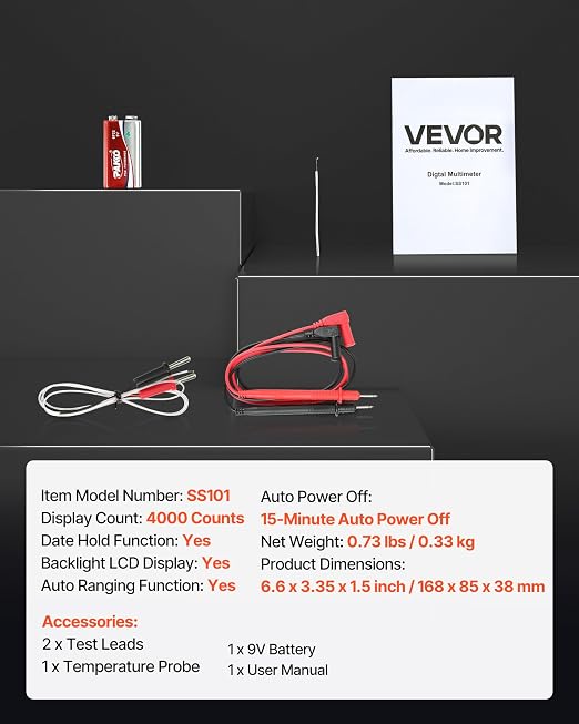 VEVOR Digital Multimeter, 4000-Count TRMS DC/AC Voltmeter Current Tester, Auto-Ranging Multimeter for Current Voltage Resistance Capacitance Temperature Diodes Continuity Duty-Cycle Measurments