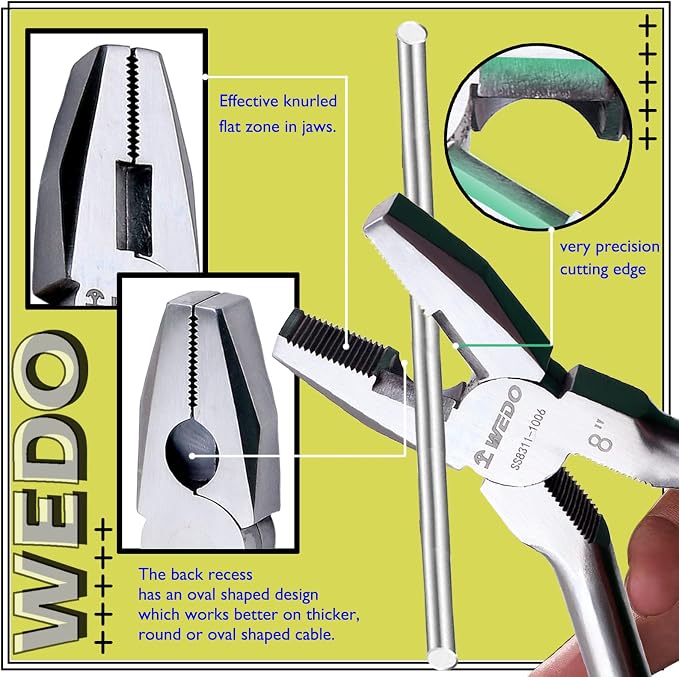 WEDO 8" Stainless Steel Lineman's Pliers,Side Cutting Pliers,Combination Pliers, Side Cutter, Wire Stripper, Crimper, Cut ACSR, Screws, Nails, Hard Wire, Corrosion Resistant