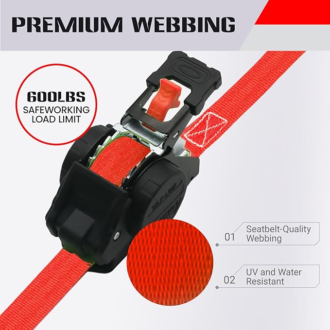 Retractable Ratchet Straps (4-Pack) - Heavy Duty Auto Slow Retraction Tie Down Straps - 1 Inch x 13 Feet (1,800lb Break Strength) for Truck, Cargo Trailer, Motorcycle, ATV, UTV - Red