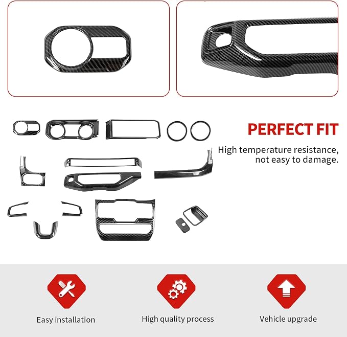 Jimen Fit for Jeep Wrangler JL JLU Gladiator JT 2024-2025, 15PCS Carbon Fiber Interior Kits - Dashboard Navigation Screen Trim, Dash Air Vent Ring, Window Button Panel, Headlight Switch Frame