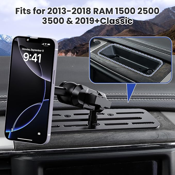 Stainless Steel Phone Mount for 2013-2018 Ram 1500/2500/3500 &2019+ Classic, Magnetic & Clamp Dual Heads, All-Metal Shakeproof OEM Screw Hole Dash Mount Install Super Stable