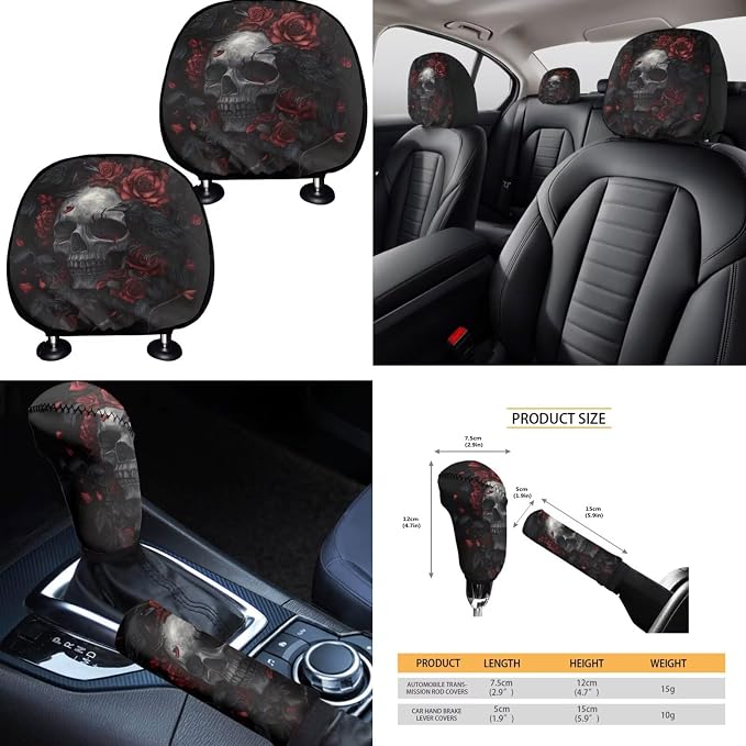 Black Red Skull Rose Car Seat Covers Full Set 15 Pcs Universal Car Accessories Steering Wheel Cover Seat Belt Pads Garbage Bag Car Headrest Pillow Covers Armrest Pad