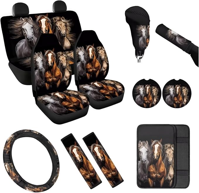 Wild Horse Automotive Seat Cover Set 12 Pcs Center Console Cover Car Seat Belt Pad Cover Steering Wheel Cover Elastic Fabrics Hand Brake Cover Suitable for Most Cars,SUV