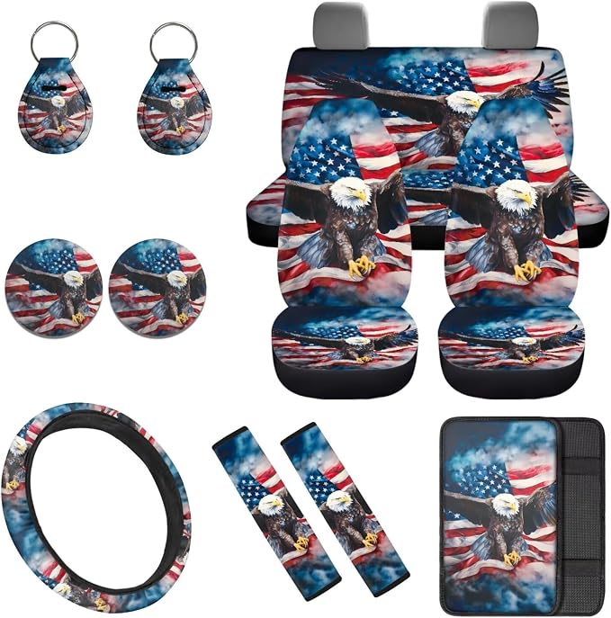 Eagle Flag 12 Pcs Car Seat Covers Full Set with Auto Steering Wheel Cover Armrest Cushion Protector Seat Belt Covers Automotive Interior Sets Universal Fit for Cars SUV